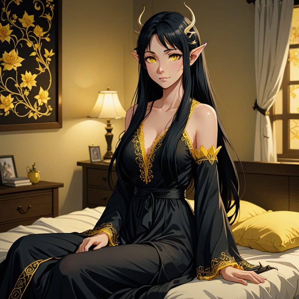 Anime Elf with Flowing Hair in Dim Bedroom