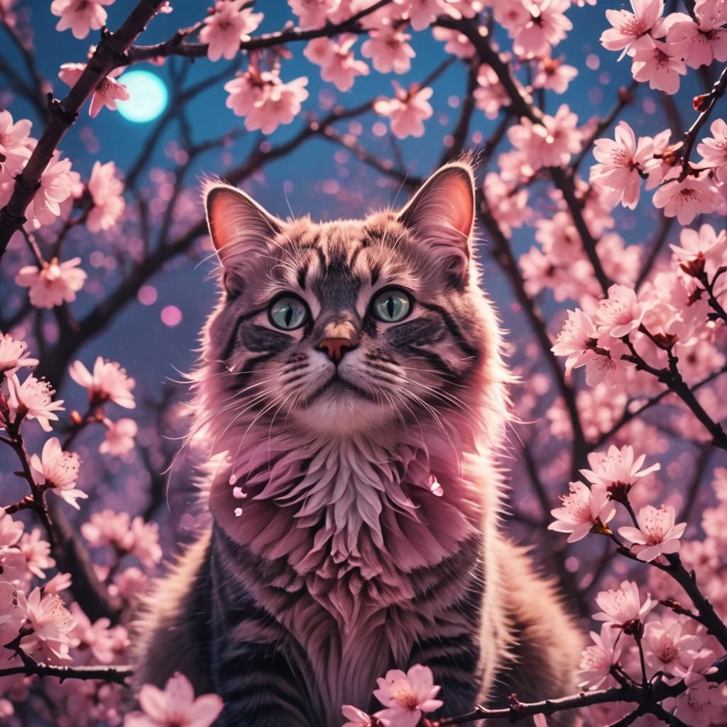 Neon Cat with Cherry Blossoms in Synthwave Style