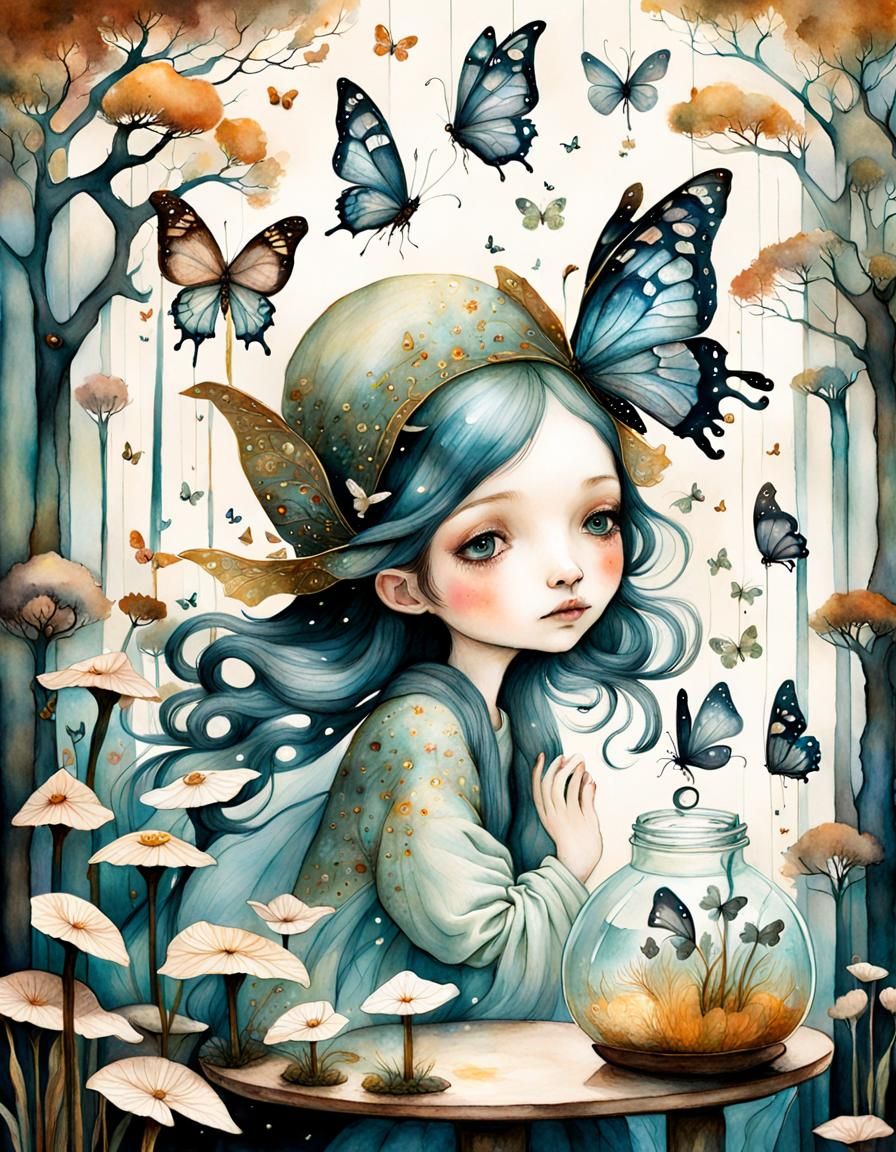 A cute girl in magical room with whimsical animals , butterf...