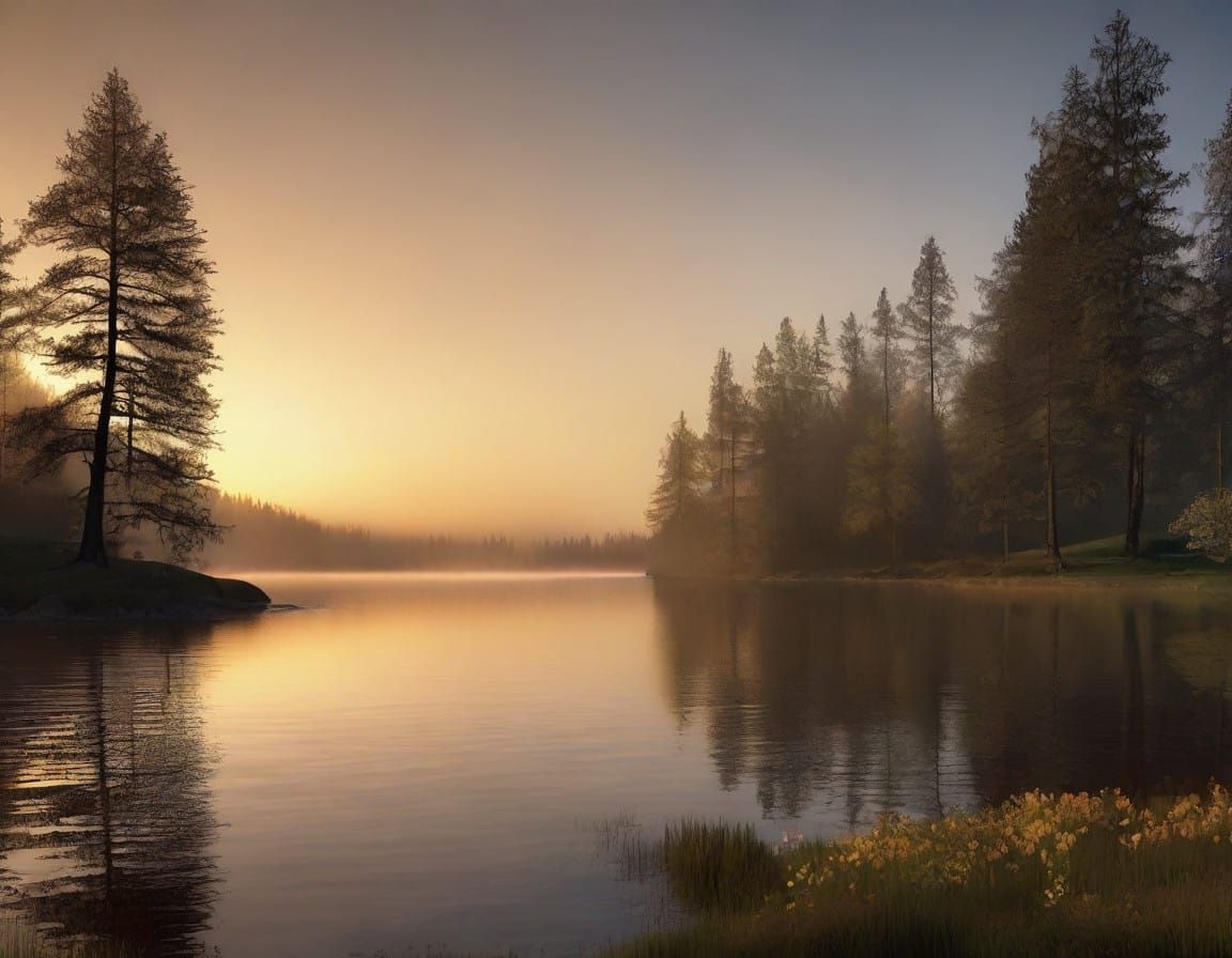 Alpine Lake Sunrise in Dreamy Matte Painting Style