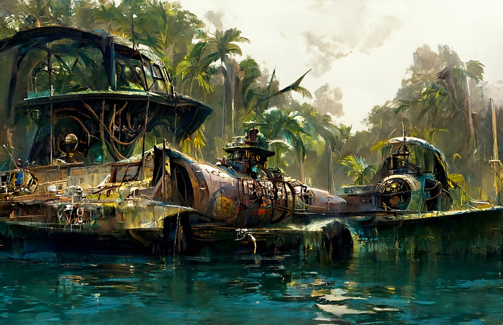 Dieselpunk Boat in Tropical Lagoon, Sinister Art