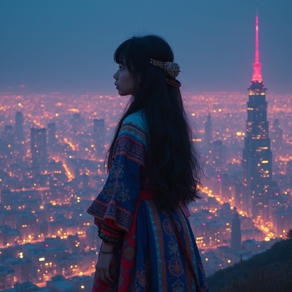 Girl in Kyrgyz Dress in Neon Cityscape