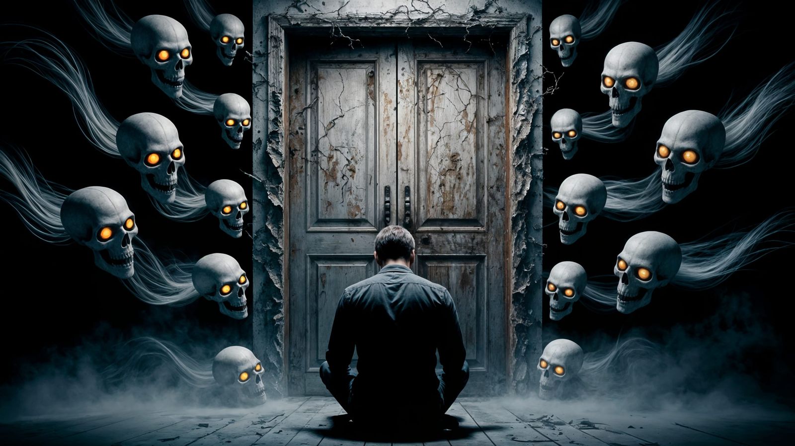 Surreal Figure Trapped in Dark, Foreboding Doorway