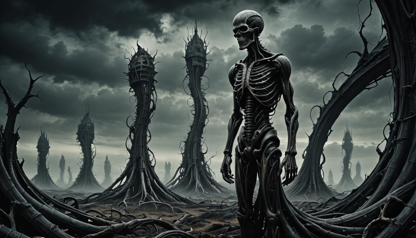 Nightmarish Biomechanical Landscape in Surrealist Style