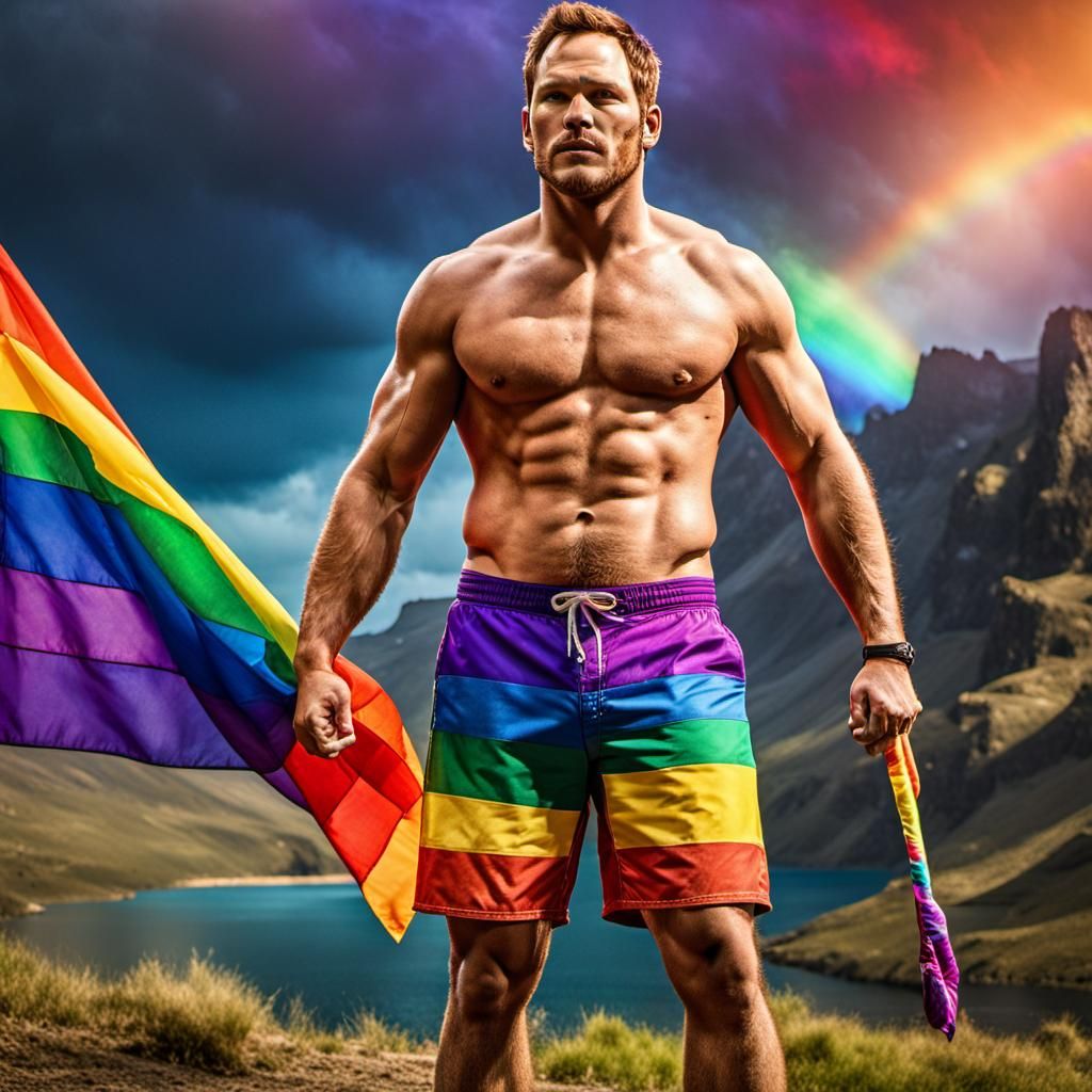 Shirtless Chris Pratt with Pride Flag, Hyperdetailed 8K
