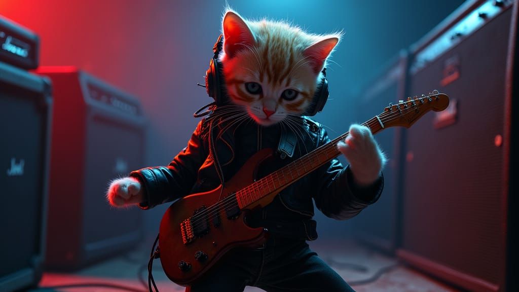 Kitten Headbanging in Futuristic Darkroom