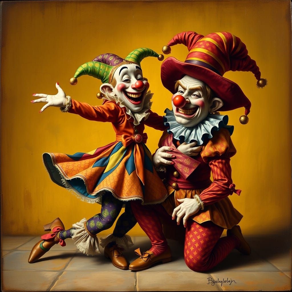 Joyful Jester in Lavish Attire with Comedic Counterpart