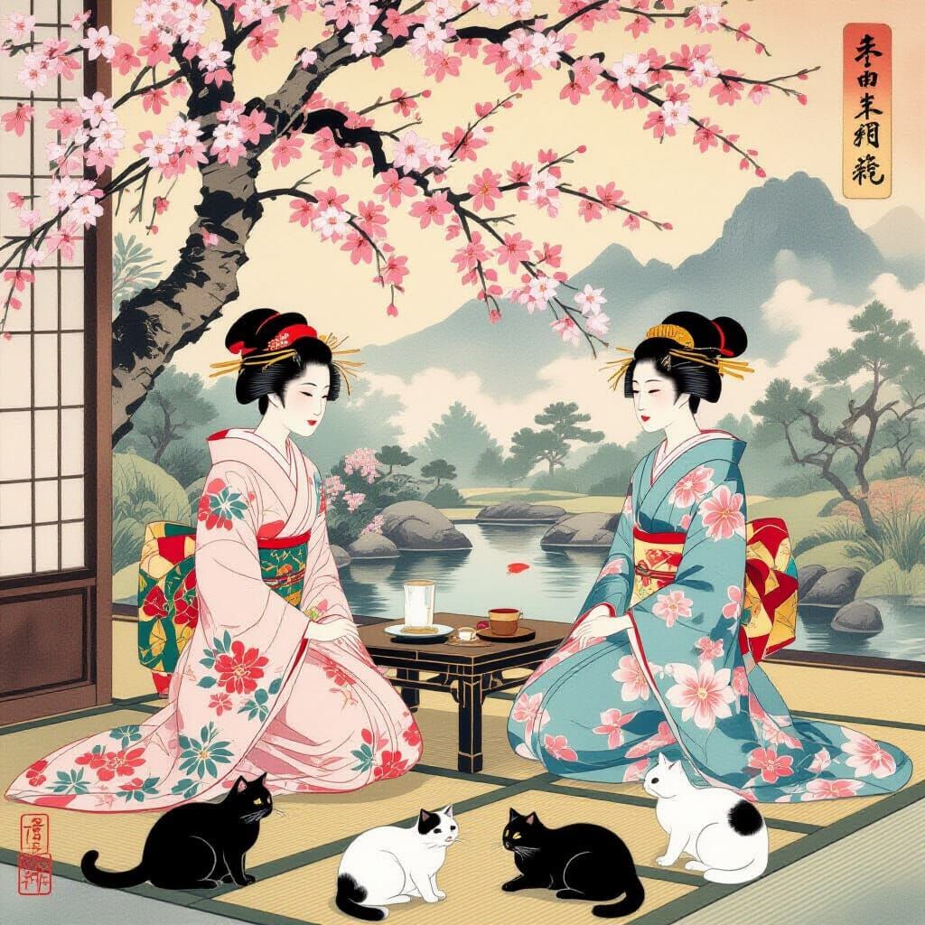 Edo Period Noblewomen and Cats in Ukiyo-e Style