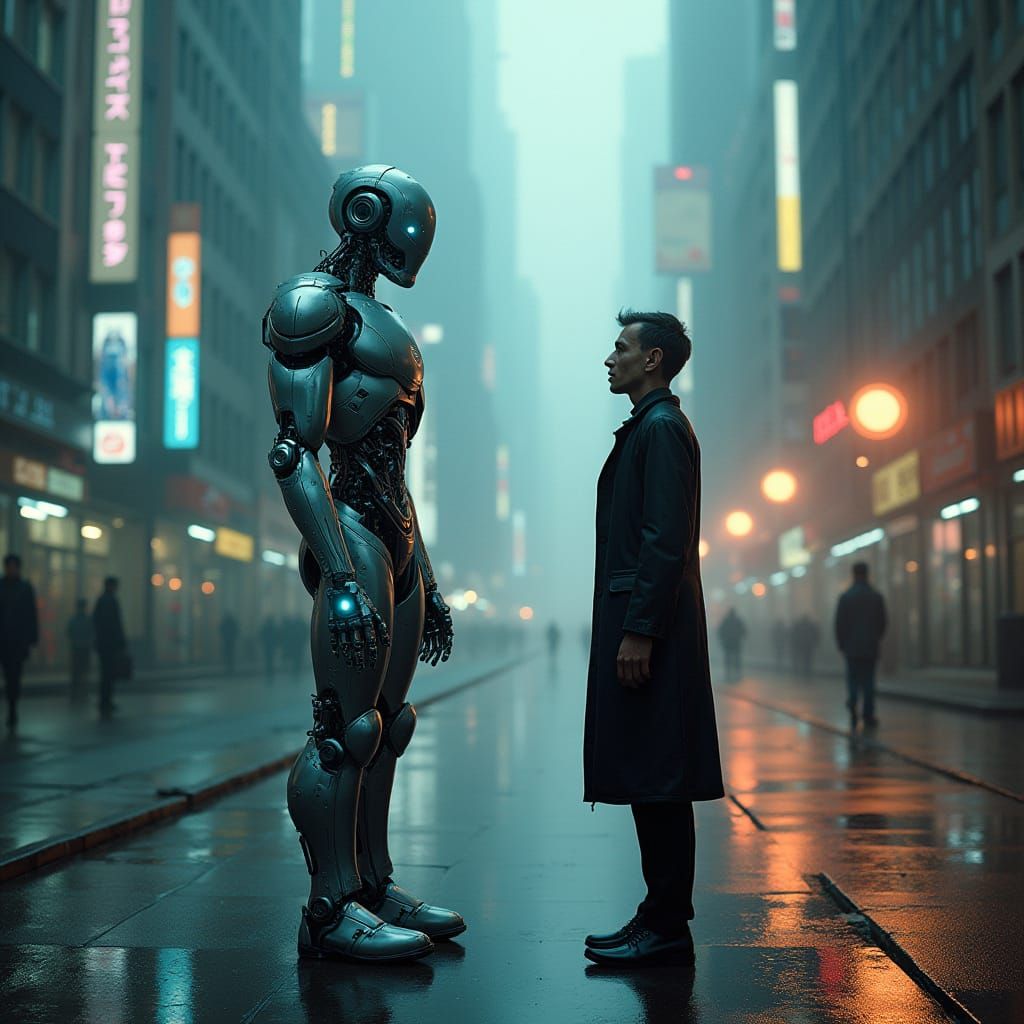 Cyberpunk Robot Engages Human in Dystopian Cityscape