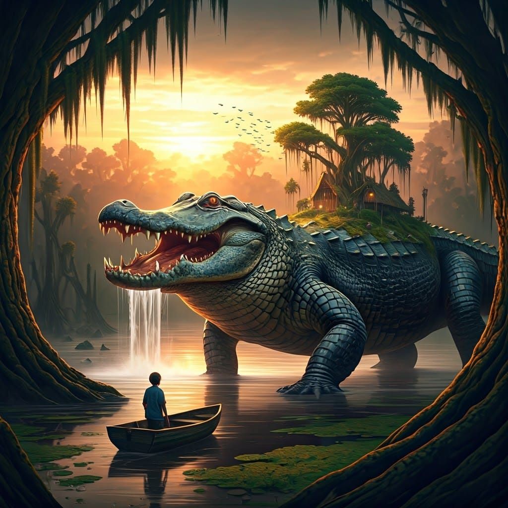 Gothic Alligator with Waterfall Mouth in Hyperrealism