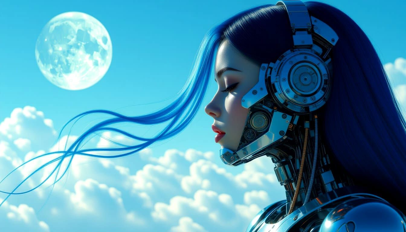 Surreal Android Woman with Moon in Sci-Fi Horror