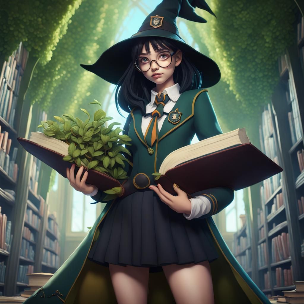Anime Girl in Ravenclaw Uniform with Magical Plants