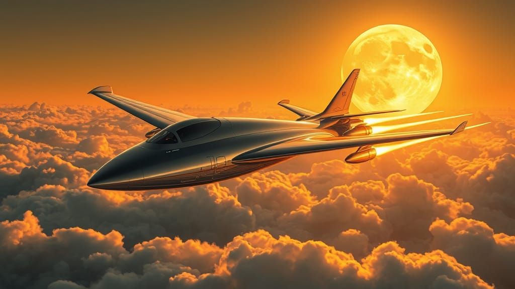 Art Deco Jet Soaring Under Golden Moon