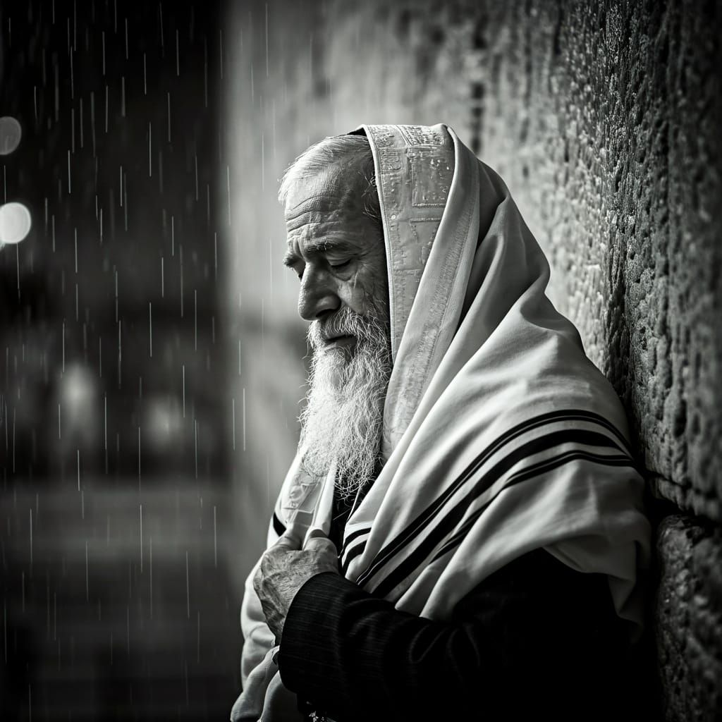 Elderly Man Praying at the Western Wall at Night