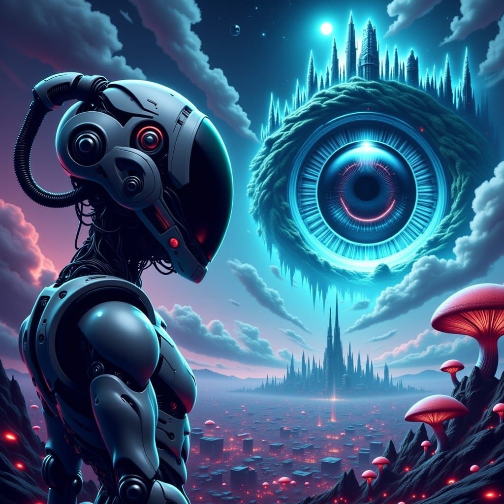 Robot Eye Reflecting Cyberpunk Cityscape and Alien Forest