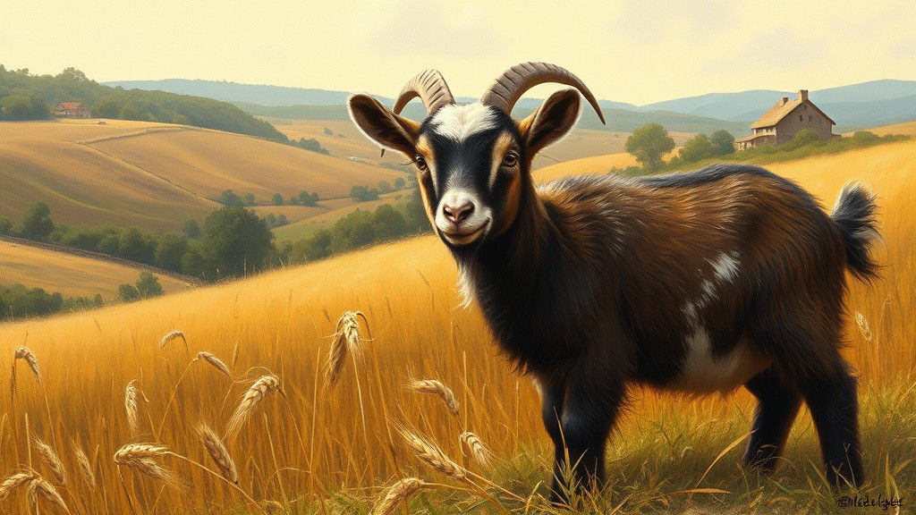 Pygmy Goat in Lush Farm Landscape, Barbizon Style