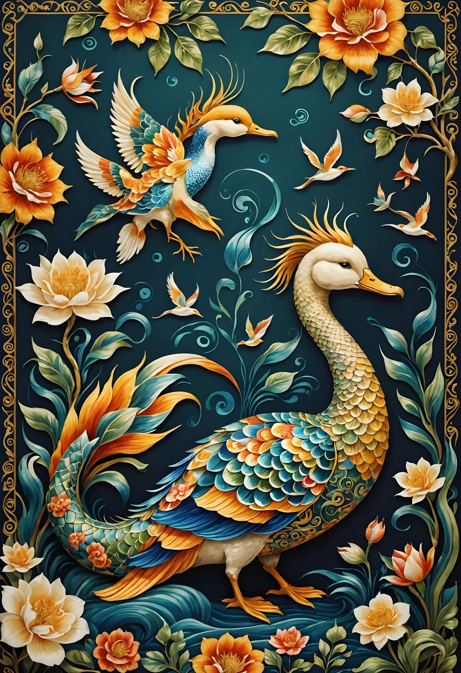 Vibrant Hippocampus Silk Tapestry in Gold Accents