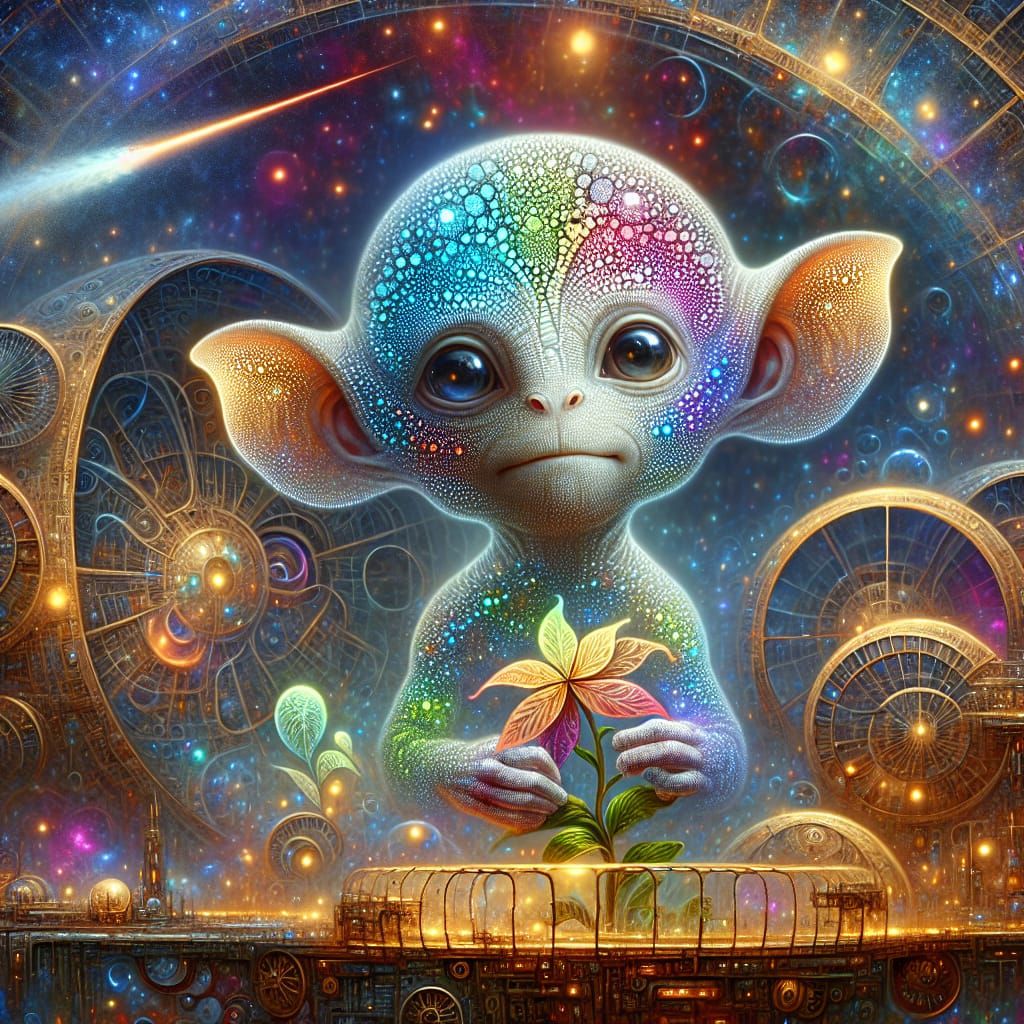 Alien Child Nurturing Plants in Spaceship Greenhouse