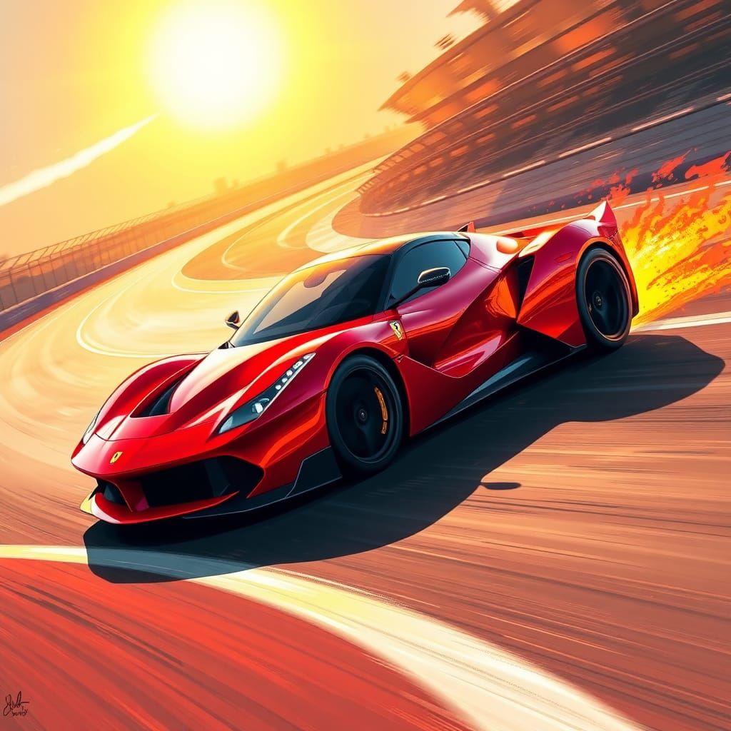 Scarlet Ferrari Supercar on Racetrack in Futuristic Style