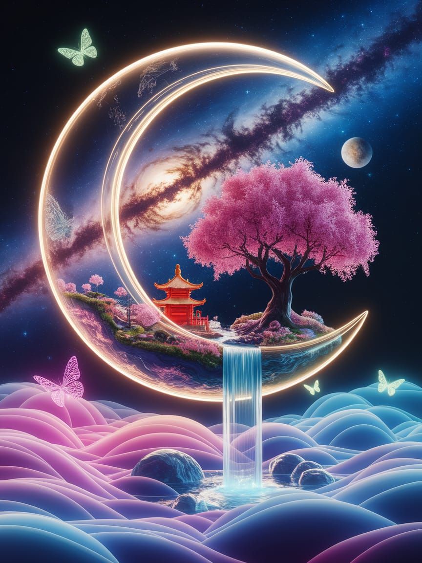 Glowing Crescent Moon Holds Miniature Chinese Village in Out...