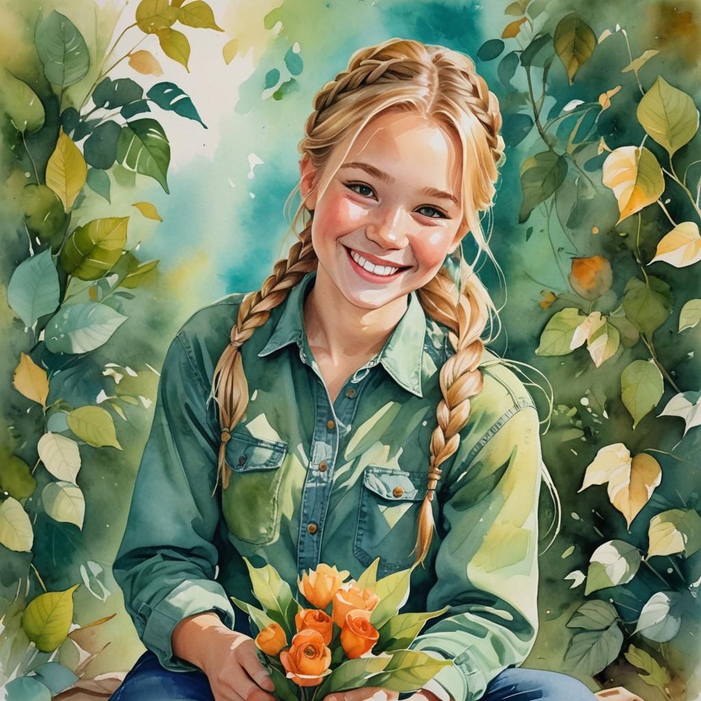 Girl with Braids and Bouquet: Watercolor Art Nouveau