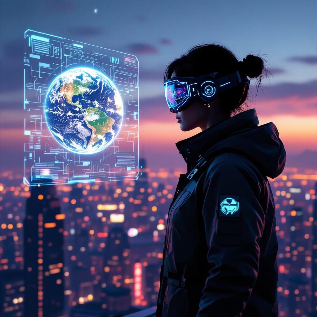 Futuristic Cityscape with Person Gazing at Holographic Earth