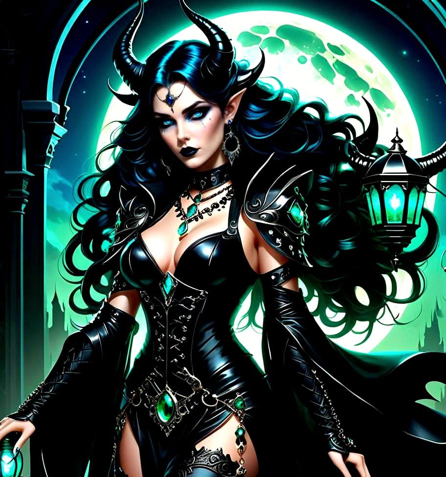 Necromancer Woman with Lantern in Night Scene