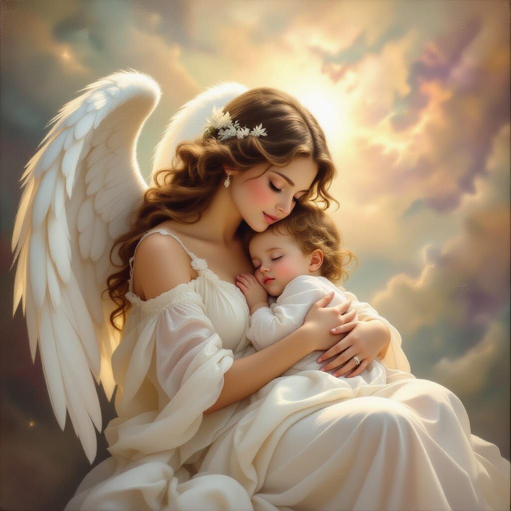 Celestial Angel Cradles Sleeping Baby in Cosmic Glow