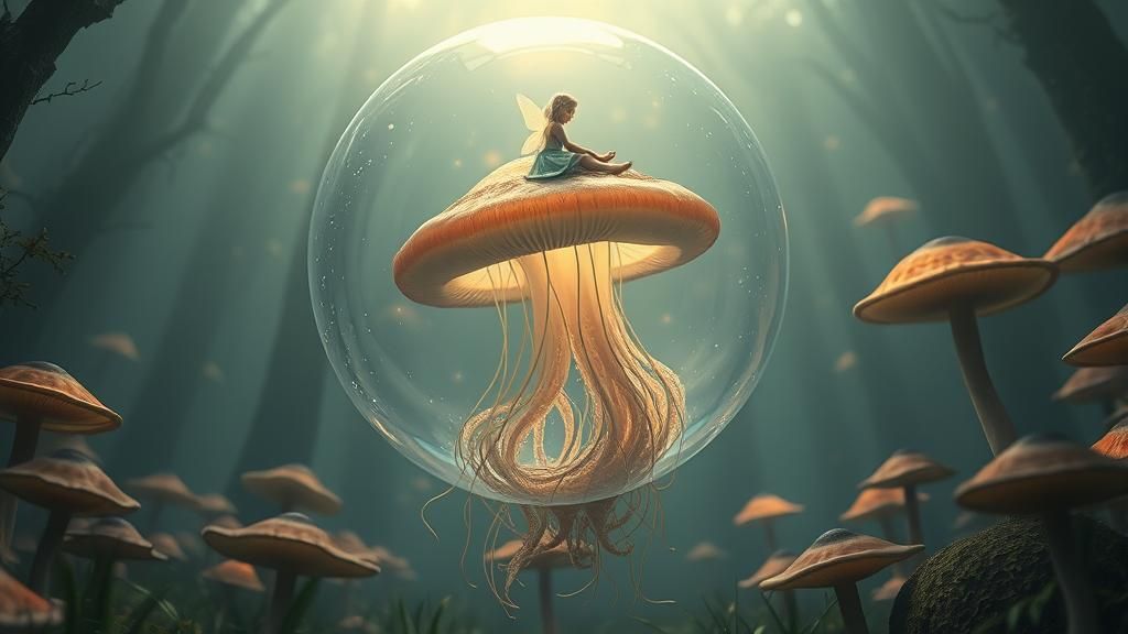 Fairy Girl Rides Jellyfish in Mushroom Forest
