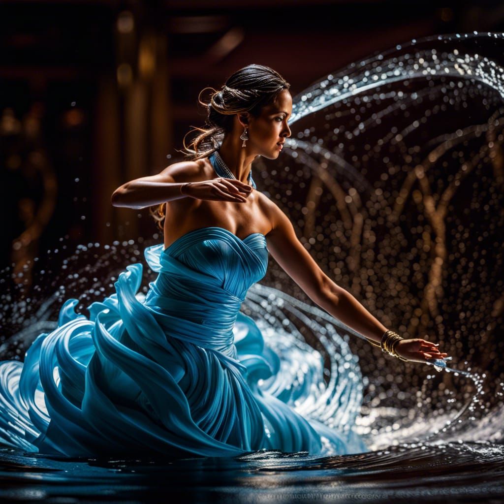 Hyperrealistic Water Dancer in Swirling Cascade