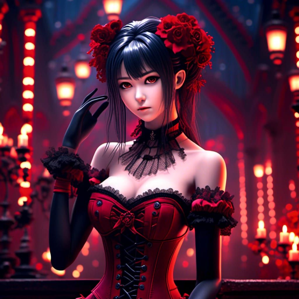 Woman in Corset Dress, Anime Style Portrait