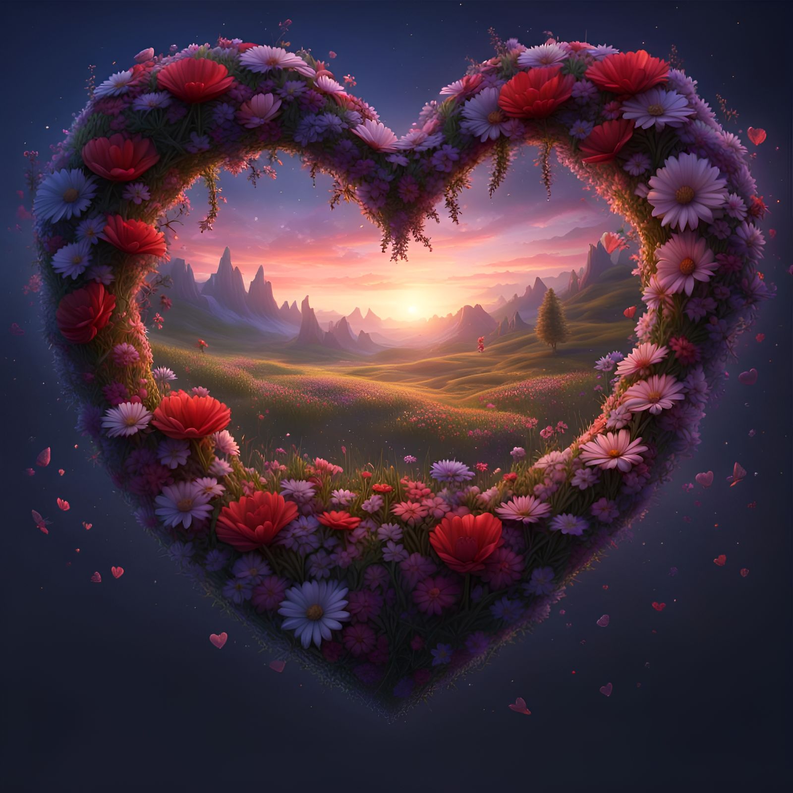 Flowery Meadow Inside a Love Heart at Midnight