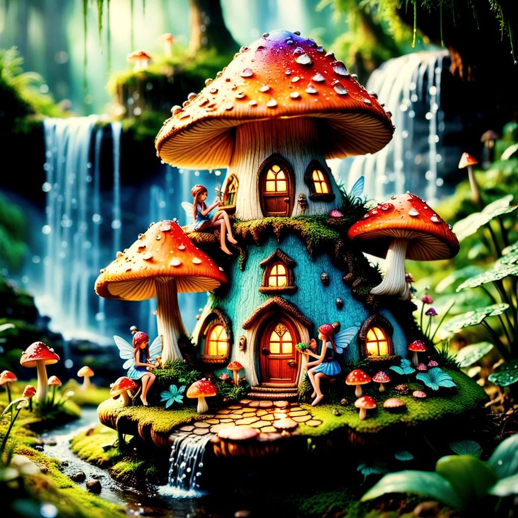 Fairies on Mushroom Near Fairy House, Macro Photography