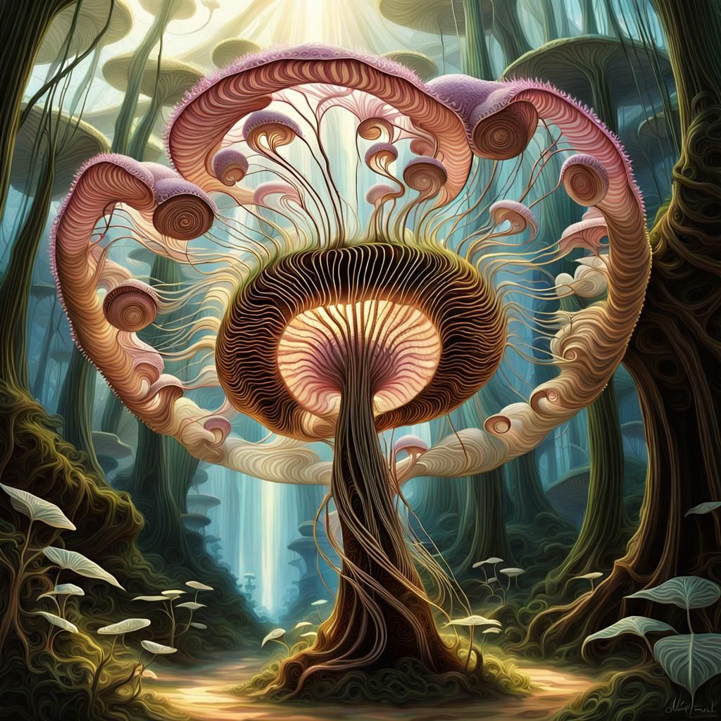 Intricate Burlap Nautilus Mushrooms with Fractal Light