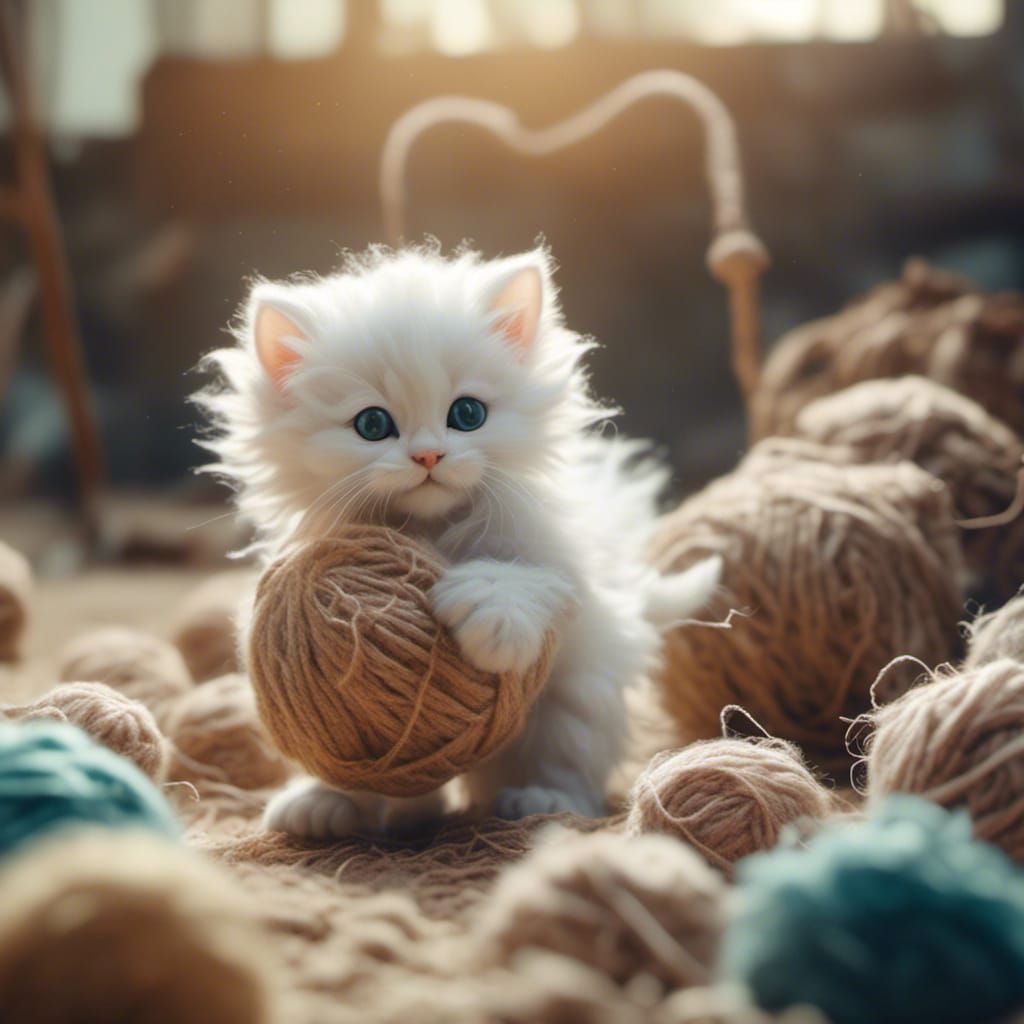 Fluffy White Kitten with Wool, Cinematic Film Still
