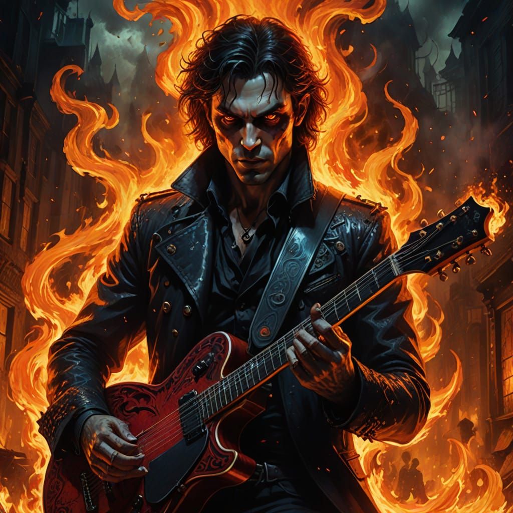 Charismatic Vampire Man in Flames, Holding Guitar, 80's Styl...