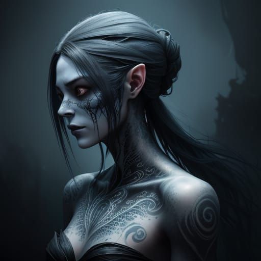 Ethereal Banshee With Black Ink Tattoos - Dark Fantasy Art