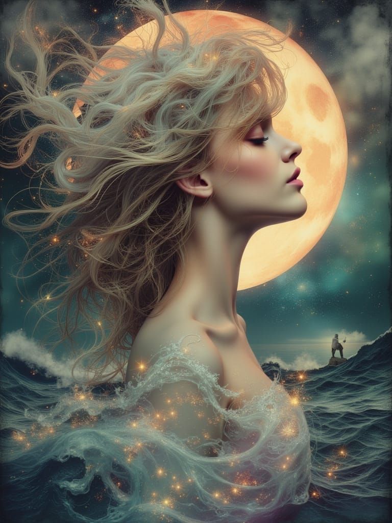 Ethereal Woman Controls Ocean Tides Under Moonlight
