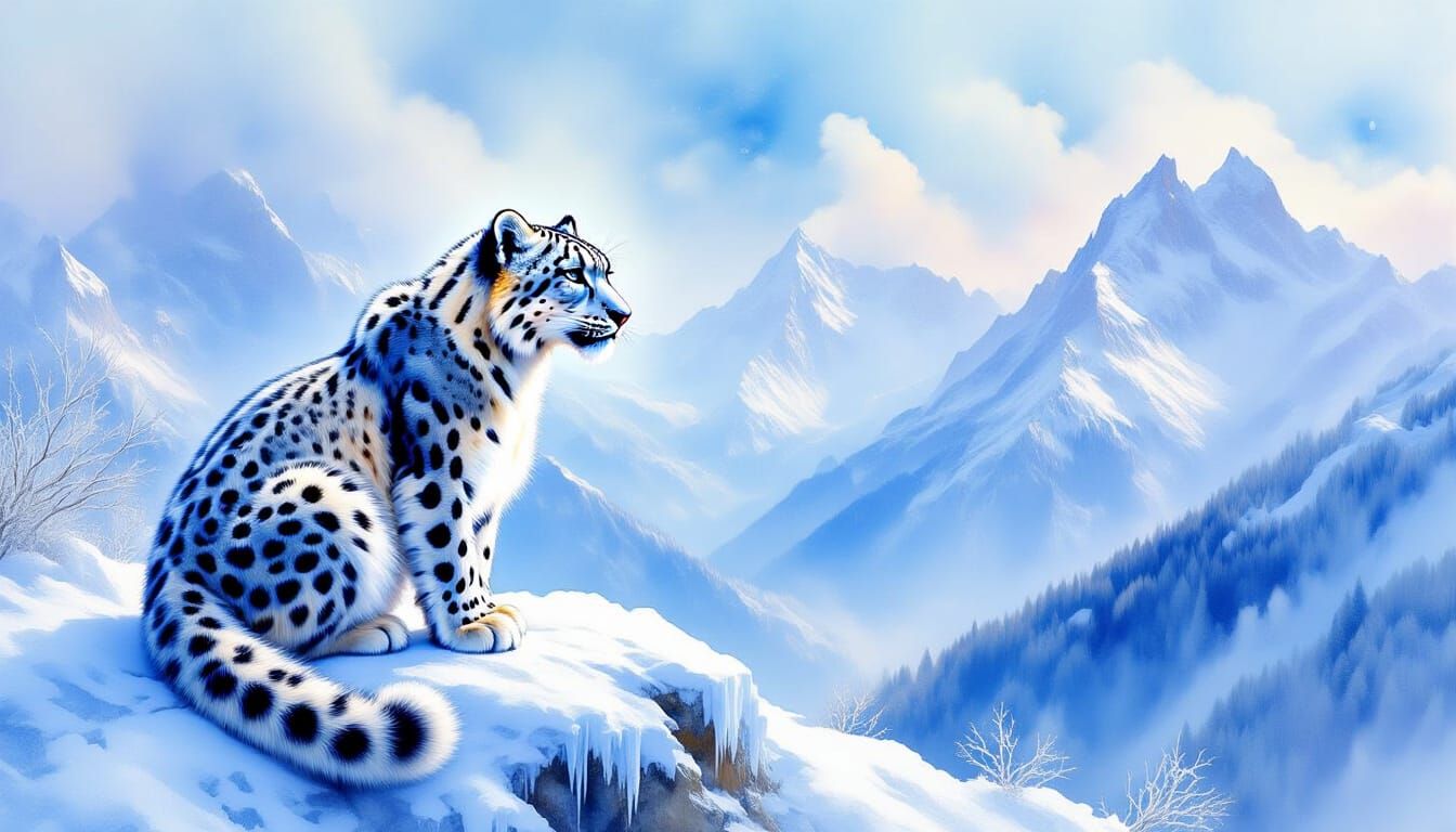 Snow Leopard in Swiss Alps Fractal Watercolor Painting