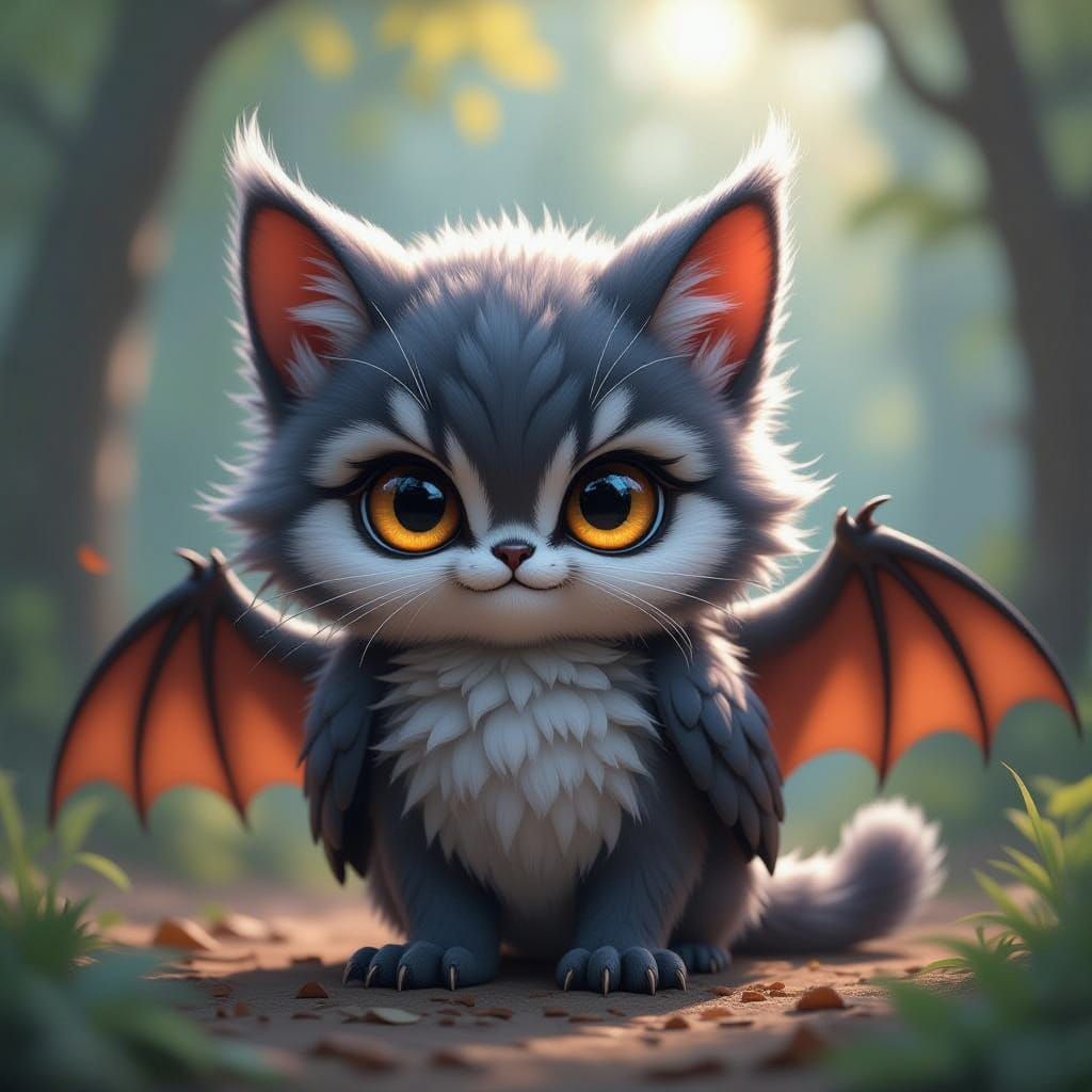 Cute Fierce Cat Owl Bat Hybrid Creature Art