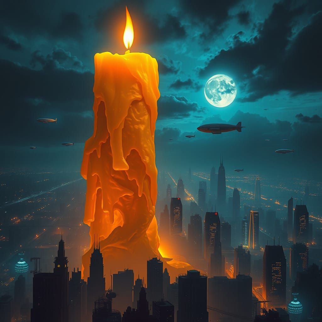Enormous Candle Illuminates Futuristic Cityscape
