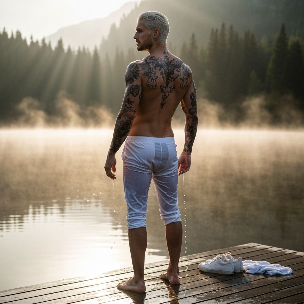 Misty Lake: Muscular Model at Dawn