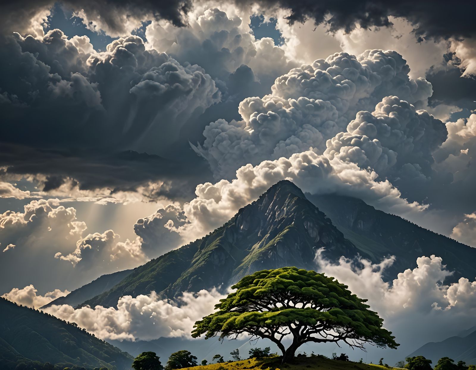 Dramatic Clouds Over Mountain and Tree