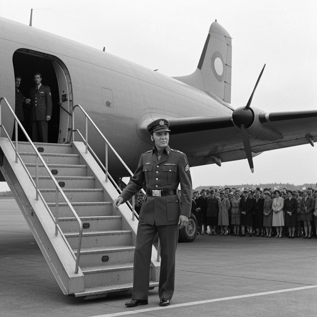 Elvis Presley in military uniform stood at the bottom of a m...