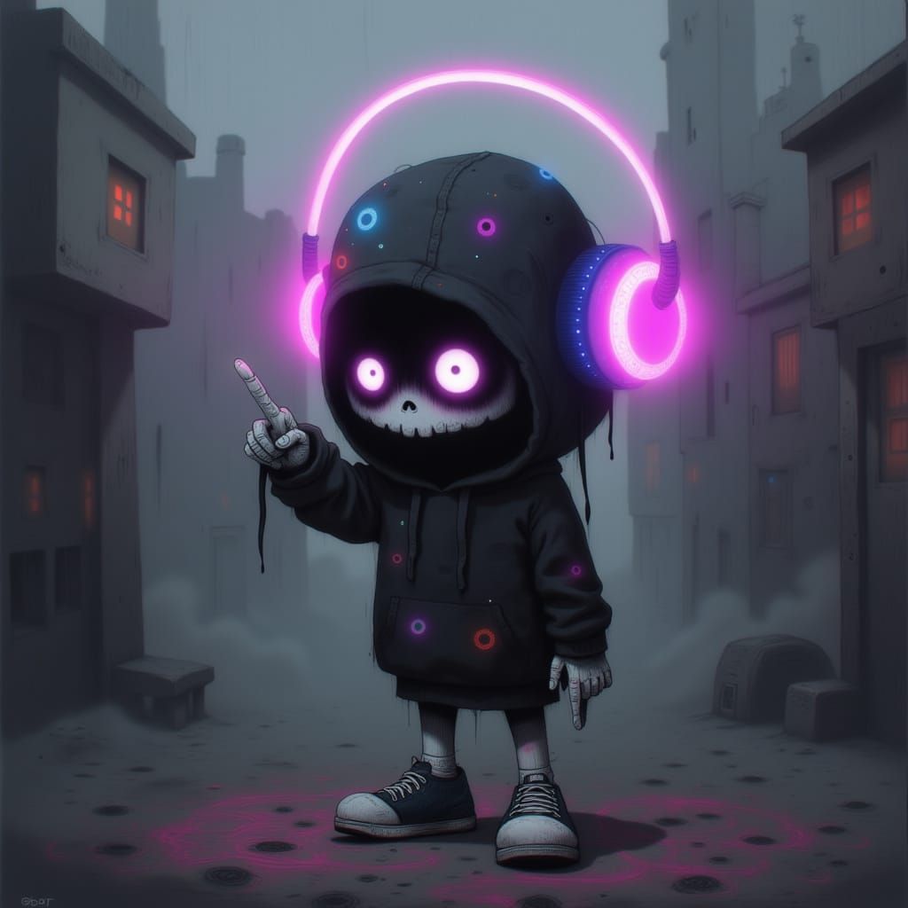Creepy Kawaii Skeleton in Dark Futuristic Style