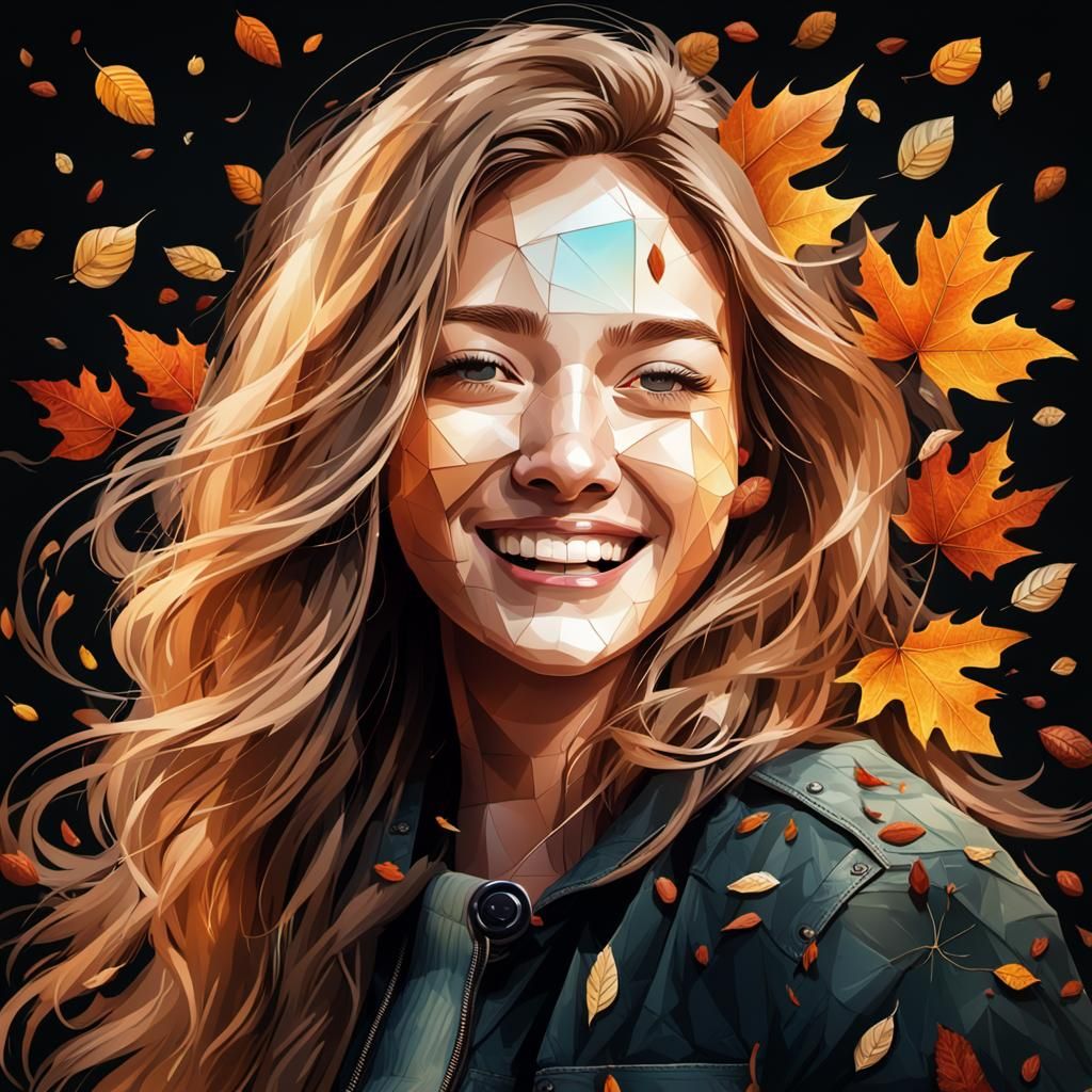 Laughing Girl Portrait with Autumn Leaves in Hyperrealism