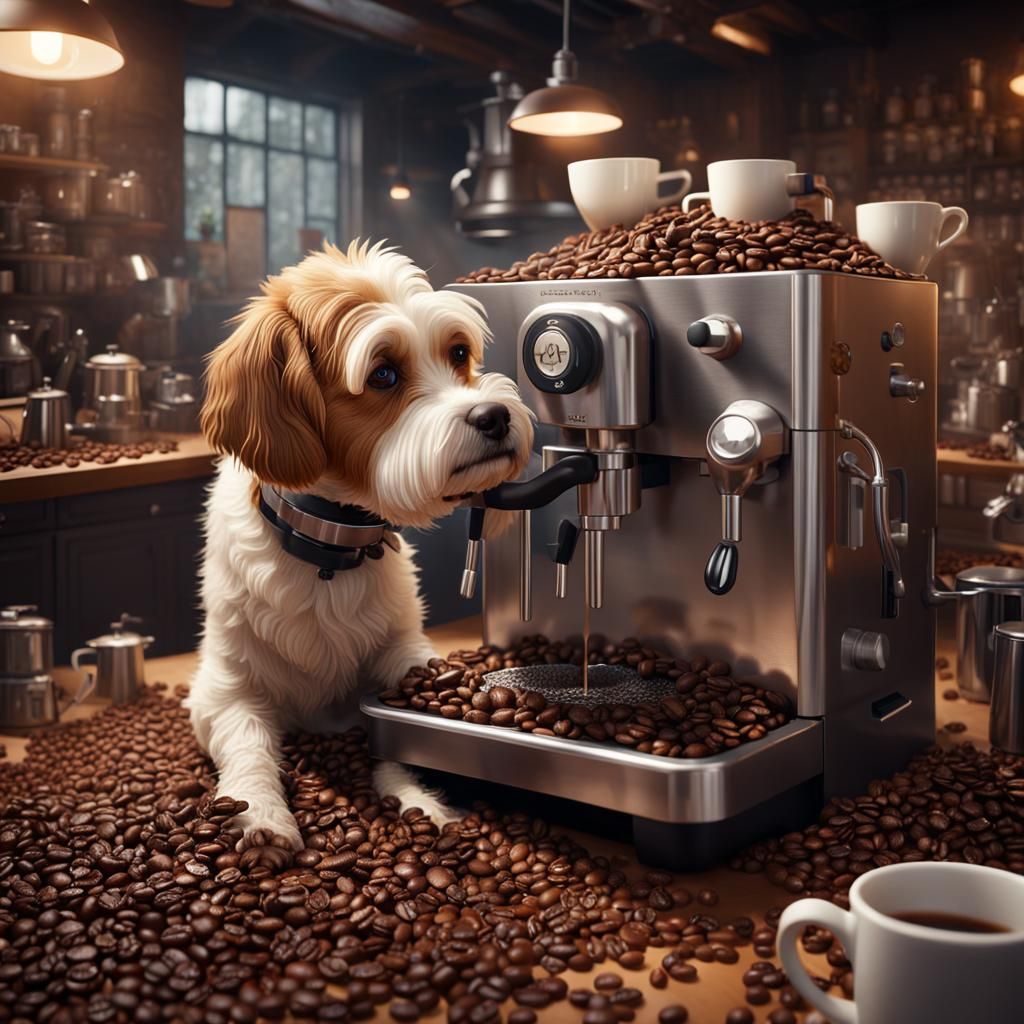 Dog's Hilarious Coffee Machine Mishap in Detailed Painting