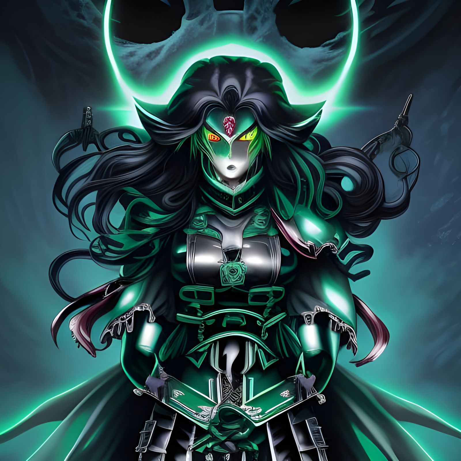 Sinister Emerald-Eyed Demon Slayer in Dark Fantasy Style