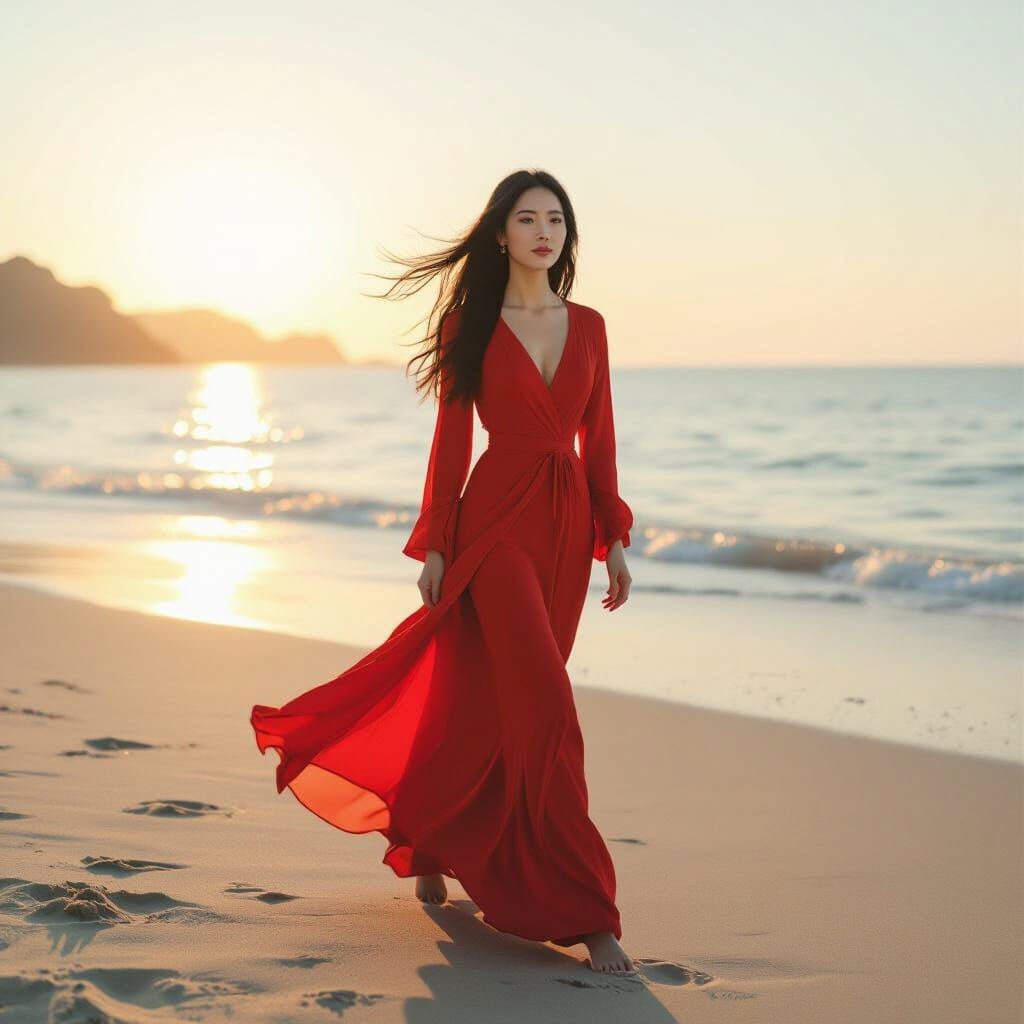 Chinese Woman in Red Dress on Sun-Drenched Beach