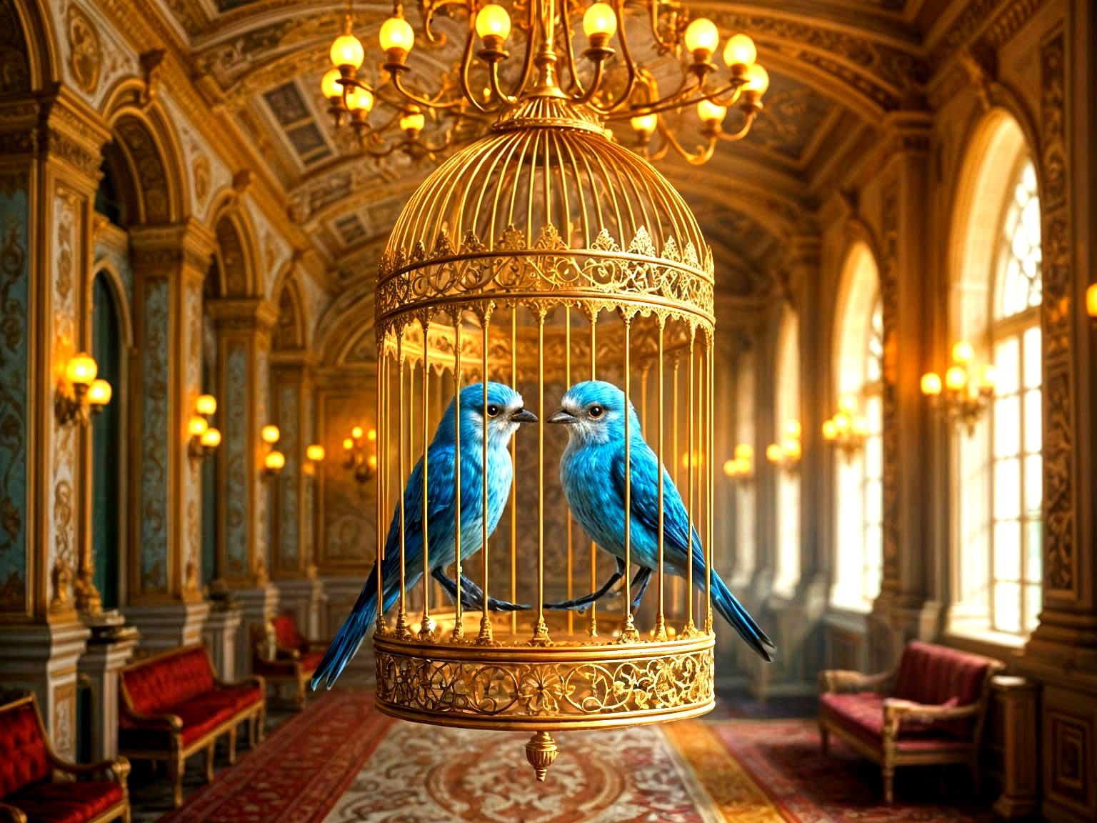 Ornate Antique Gold Birdcage with Blue Nightingales